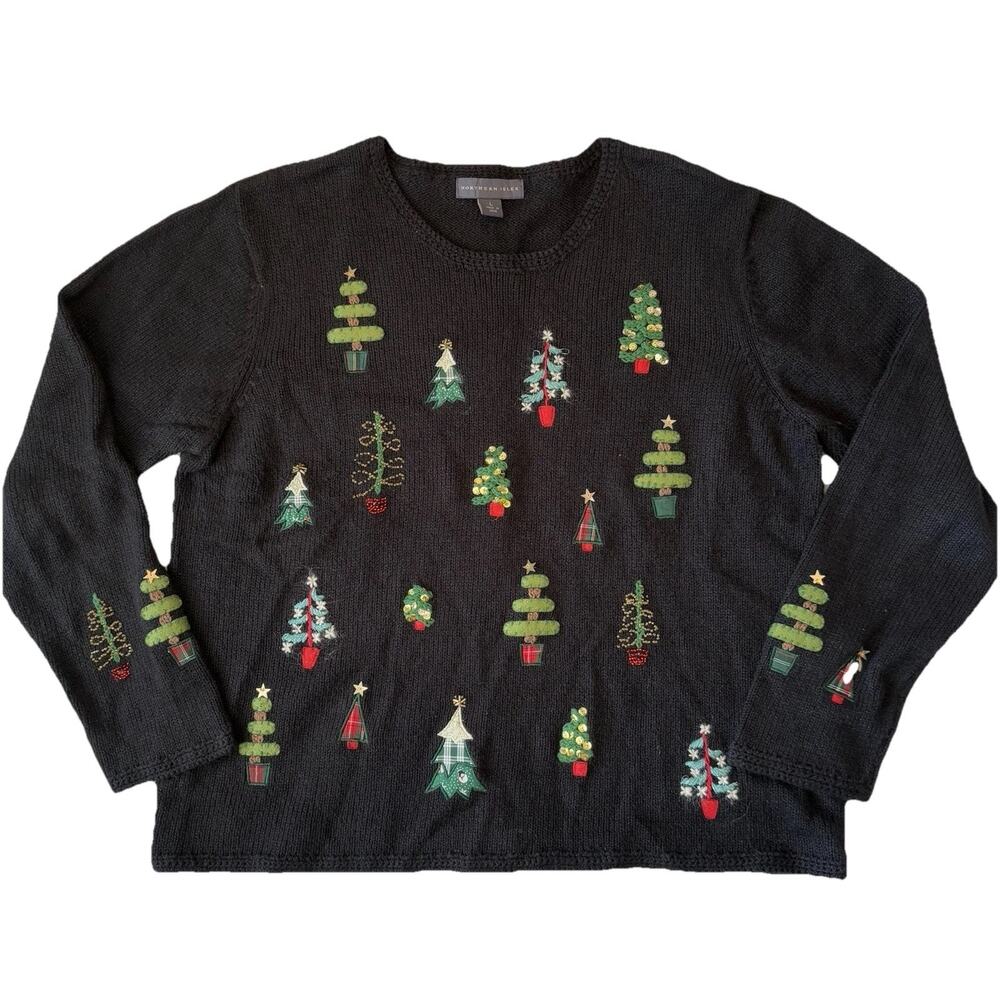 Vintage Northern Isles Sweater Women’s Large Black Embellished Christmas Trees‎
